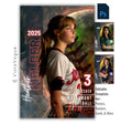 Softball senior night poster template for Photoshop with fiery softball background, glowing smoke effects, and customizable athlete banner design for sports posters and player cards