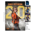Softball senior night poster and player banner template editable in Photoshop with oversized glowing dotted scoreboard-style number and smoky dark backdrop behind the full-body athlete