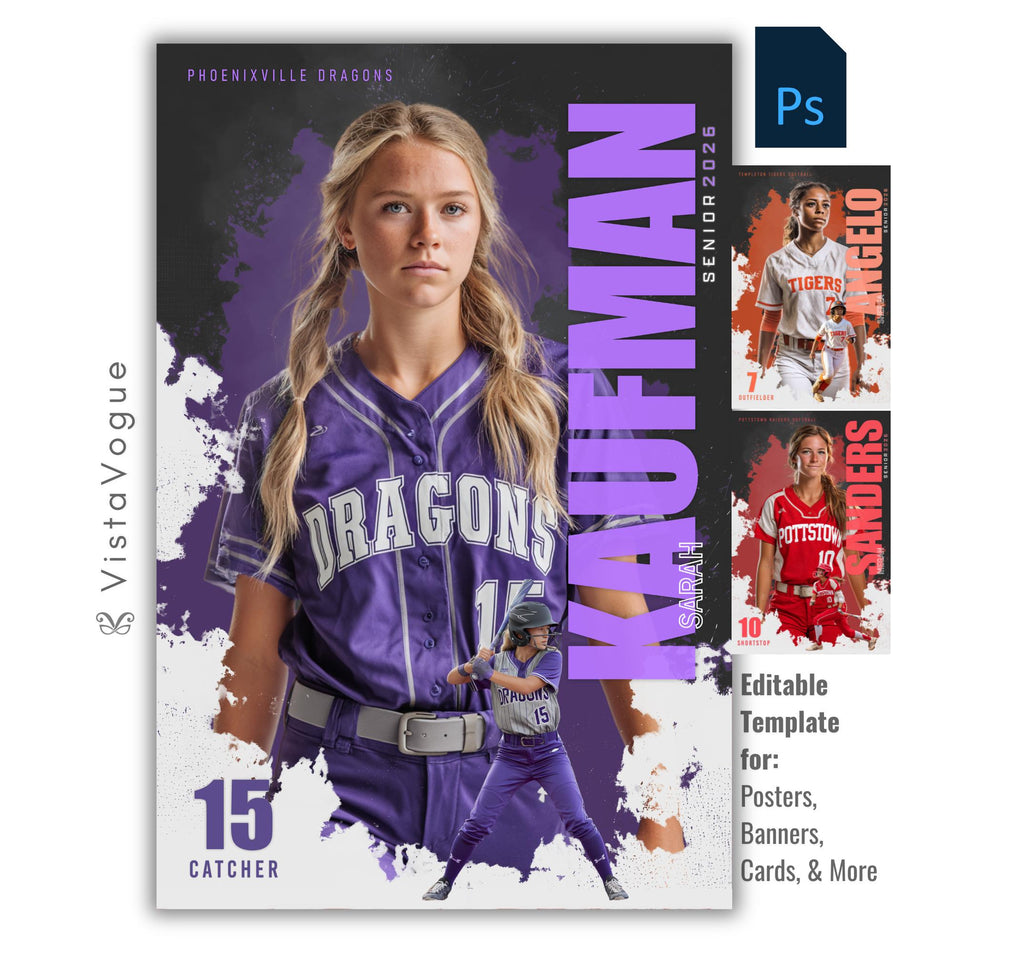 Softball poster template editable in Photoshop with grunge texture background and layered athlete collage design