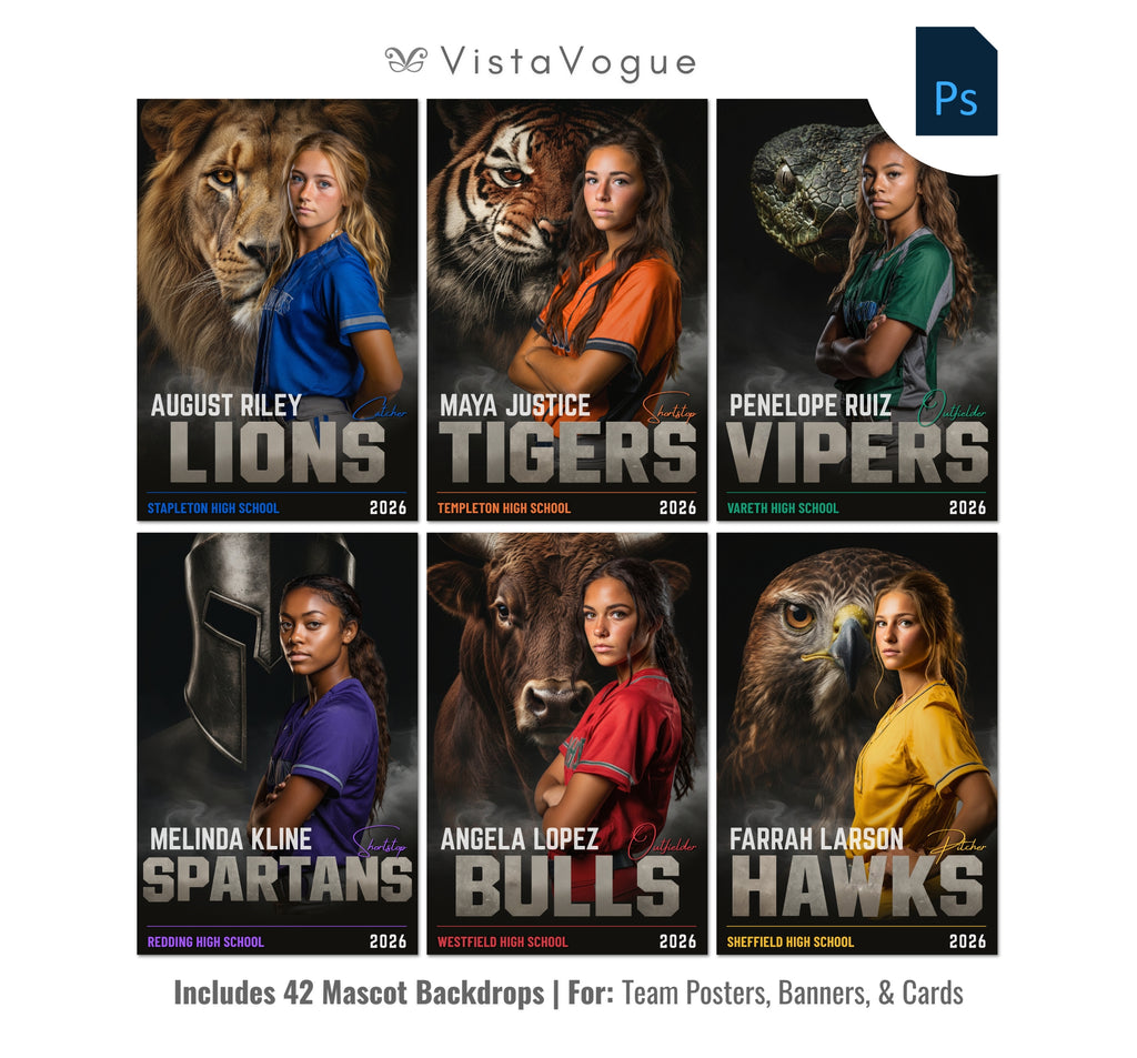 Softball sports card and poster template editable in Photoshop with realistic mascot animal backdrop layered behind the athlete and bold team name typography