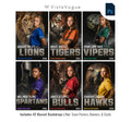 Softball sports card and poster template editable in Photoshop with realistic mascot animal backdrop layered behind the athlete and bold team name typography