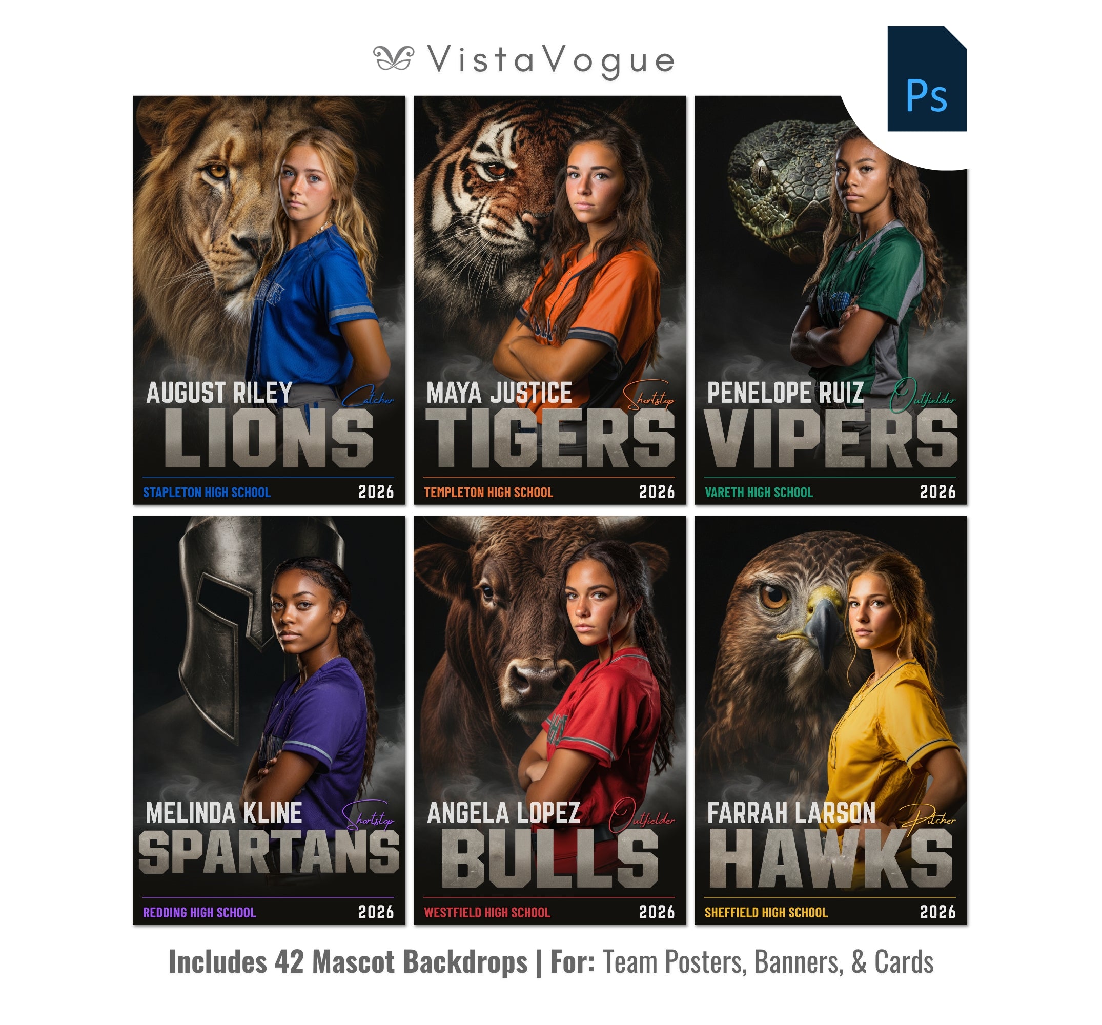 Softball sports card and poster template editable in Photoshop with realistic mascot animal backdrop layered behind the athlete and bold team name typography
