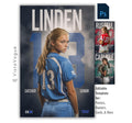 Softball senior banner template for Photoshop with oversized jersey number background, dramatic athlete portrait, and clean player poster layout for senior night graphics