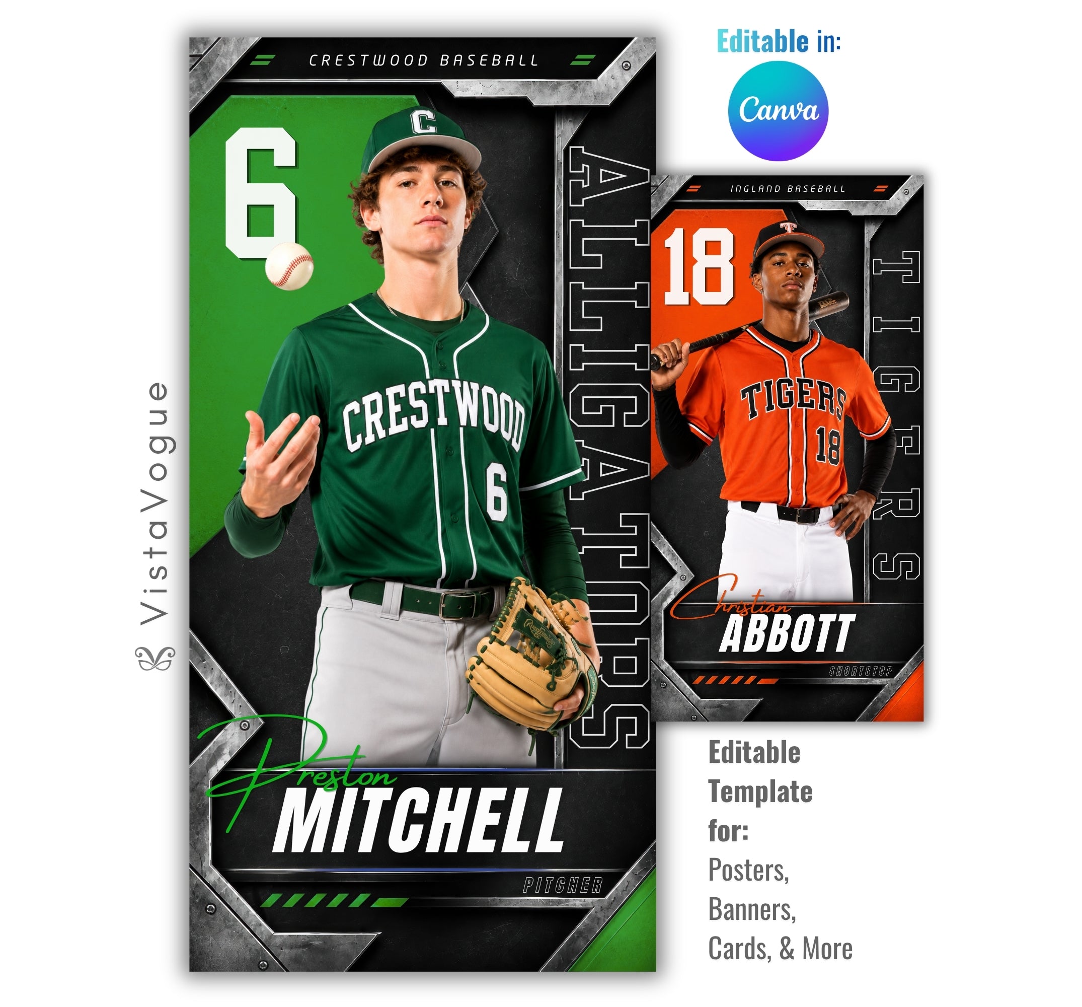 Editable baseball banner template with metallic sports poster design shown in Canva mockup