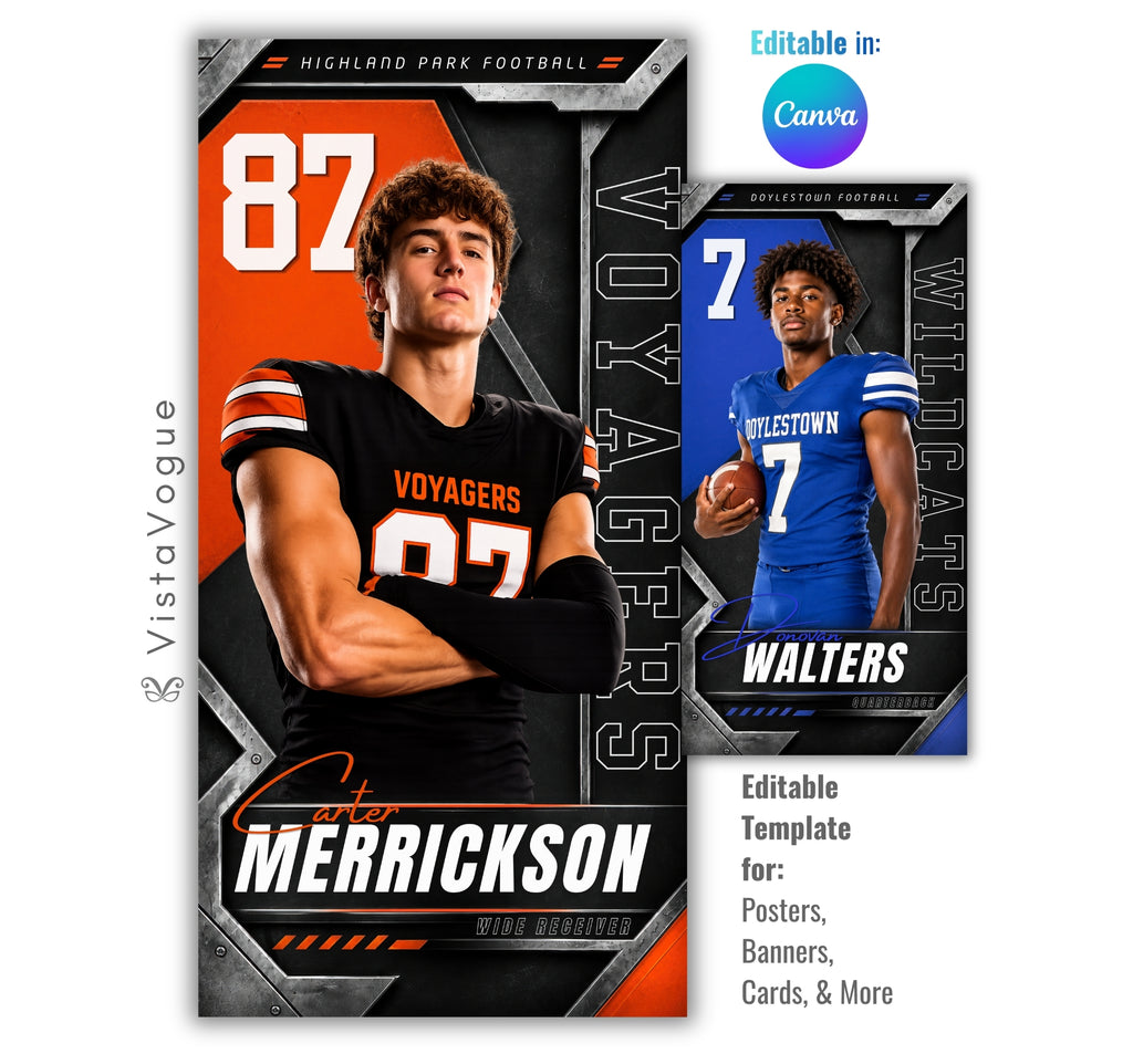 Football sports banner template editable in Canva displayed in vertical poster mockup