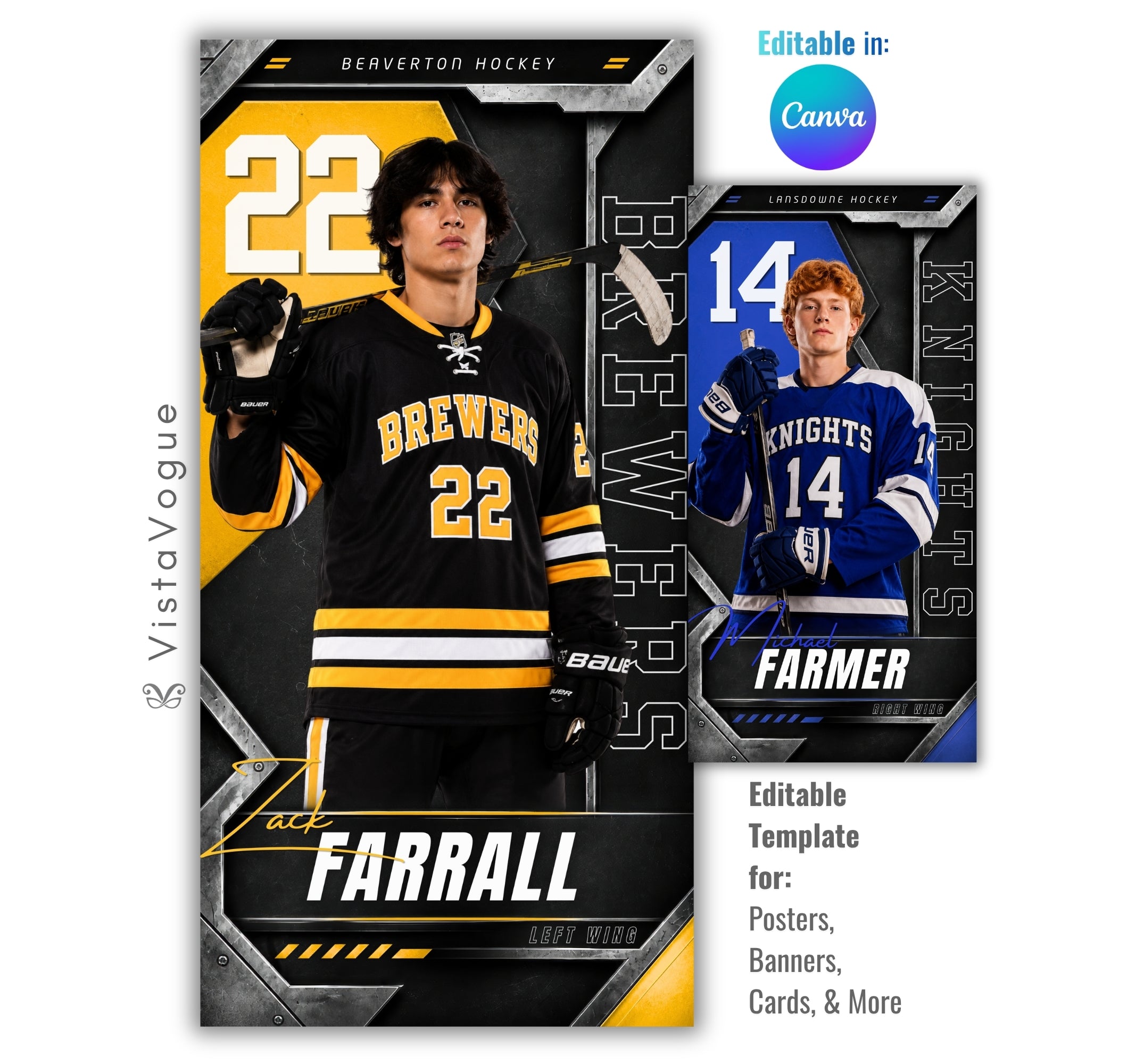 Metallic hockey poster template editable in Canva for athlete banners and senior night posters