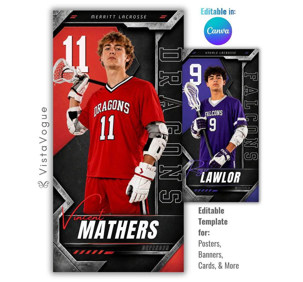Editable lacrosse banner template with metallic sports poster design shown in Canva mockup