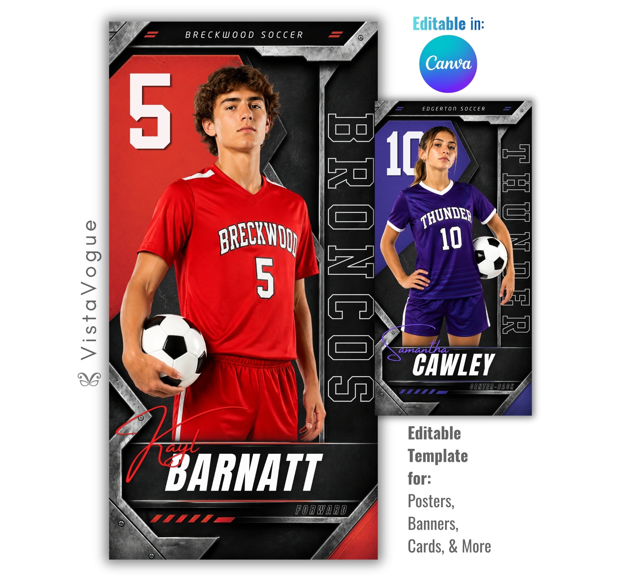 Editable soccer banner template with metallic sports poster design shown in Canva mockup