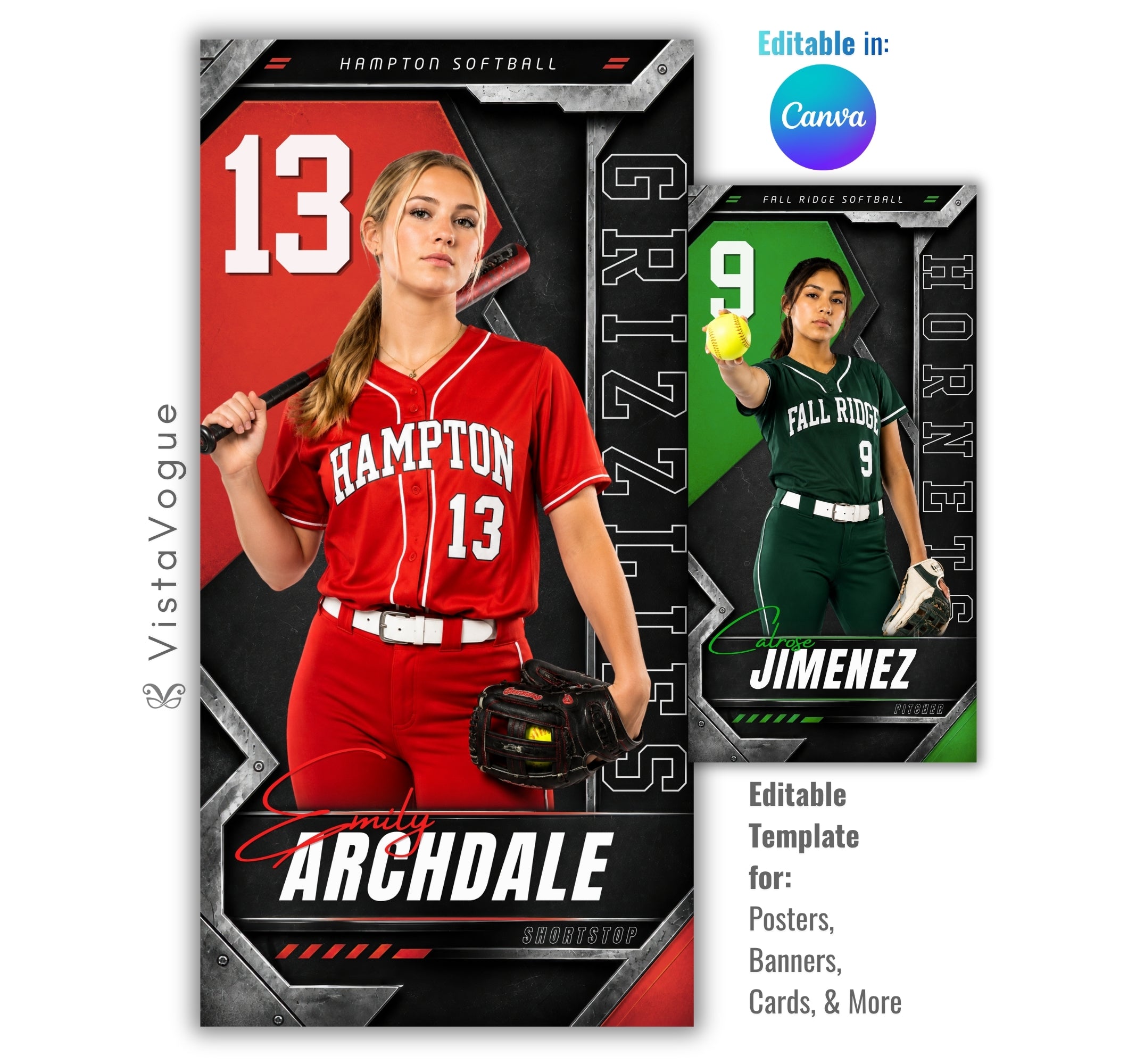 Editable softball banner template with metallic sports poster design shown in Canva mockup
