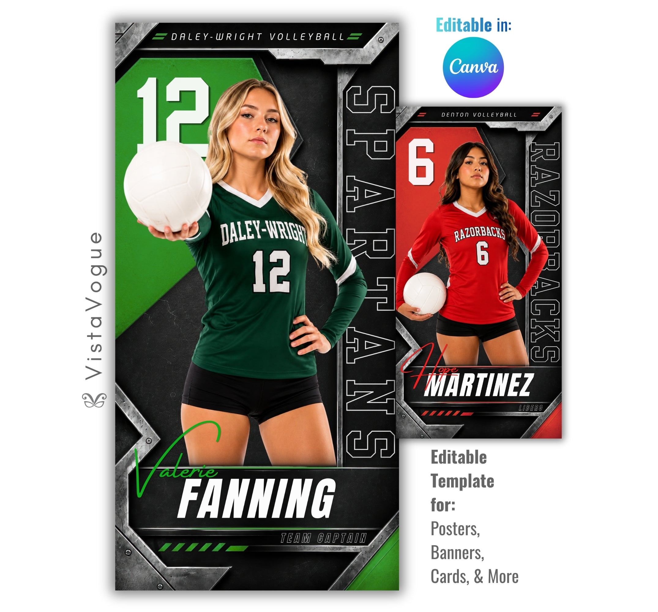 Editable volleyball banner template with metallic sports poster design shown in Canva mockup
