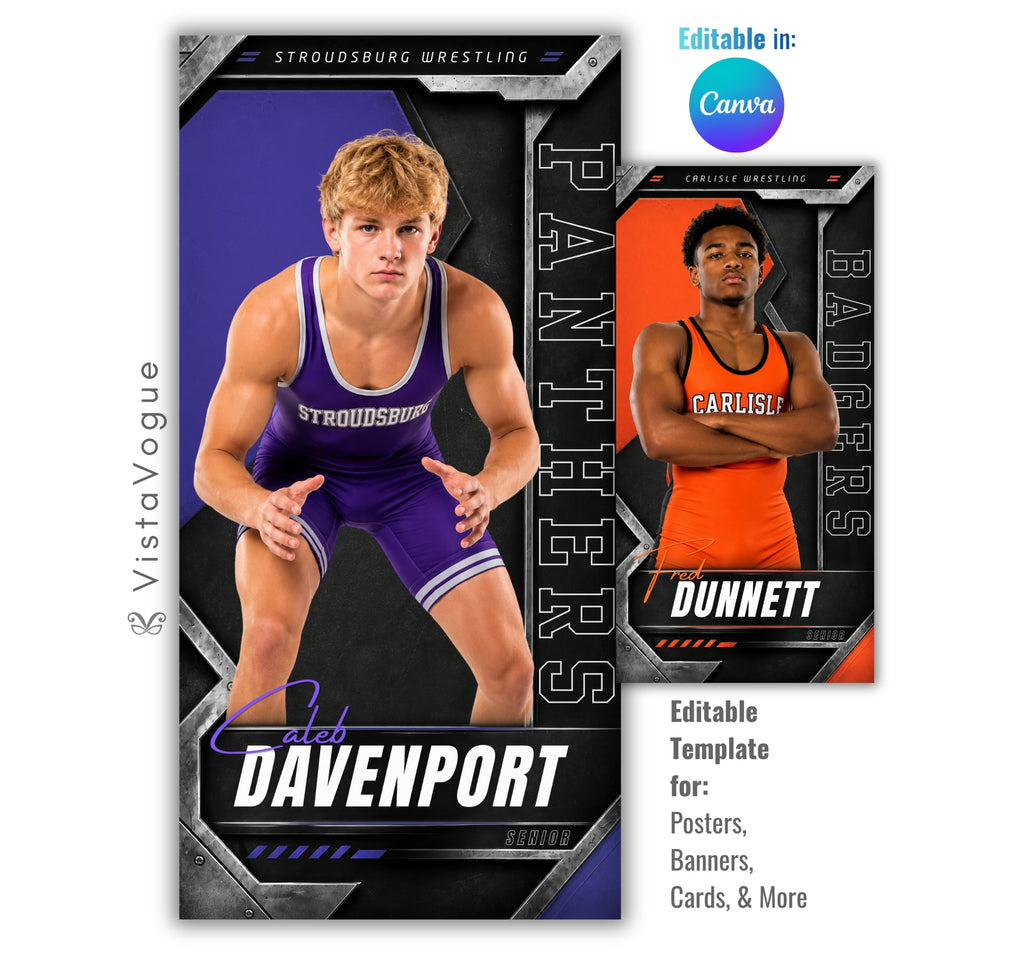 Editable wrestling banner template with metallic sports poster design shown in Canva mockup