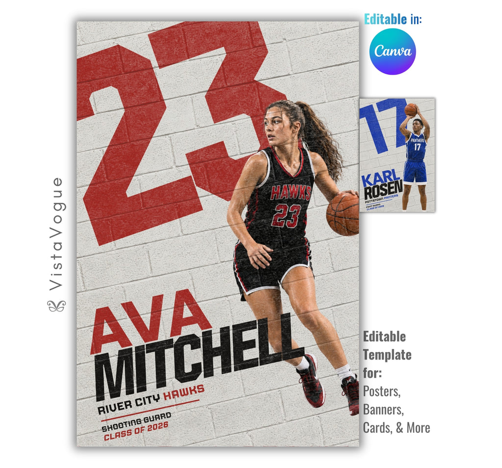 Editable basketball poster Canva template featuring a painted brick wall mural effect, oversized jersey number, customizable athlete photos, and a 2:3 vertical layout for senior night displays and memory mates.