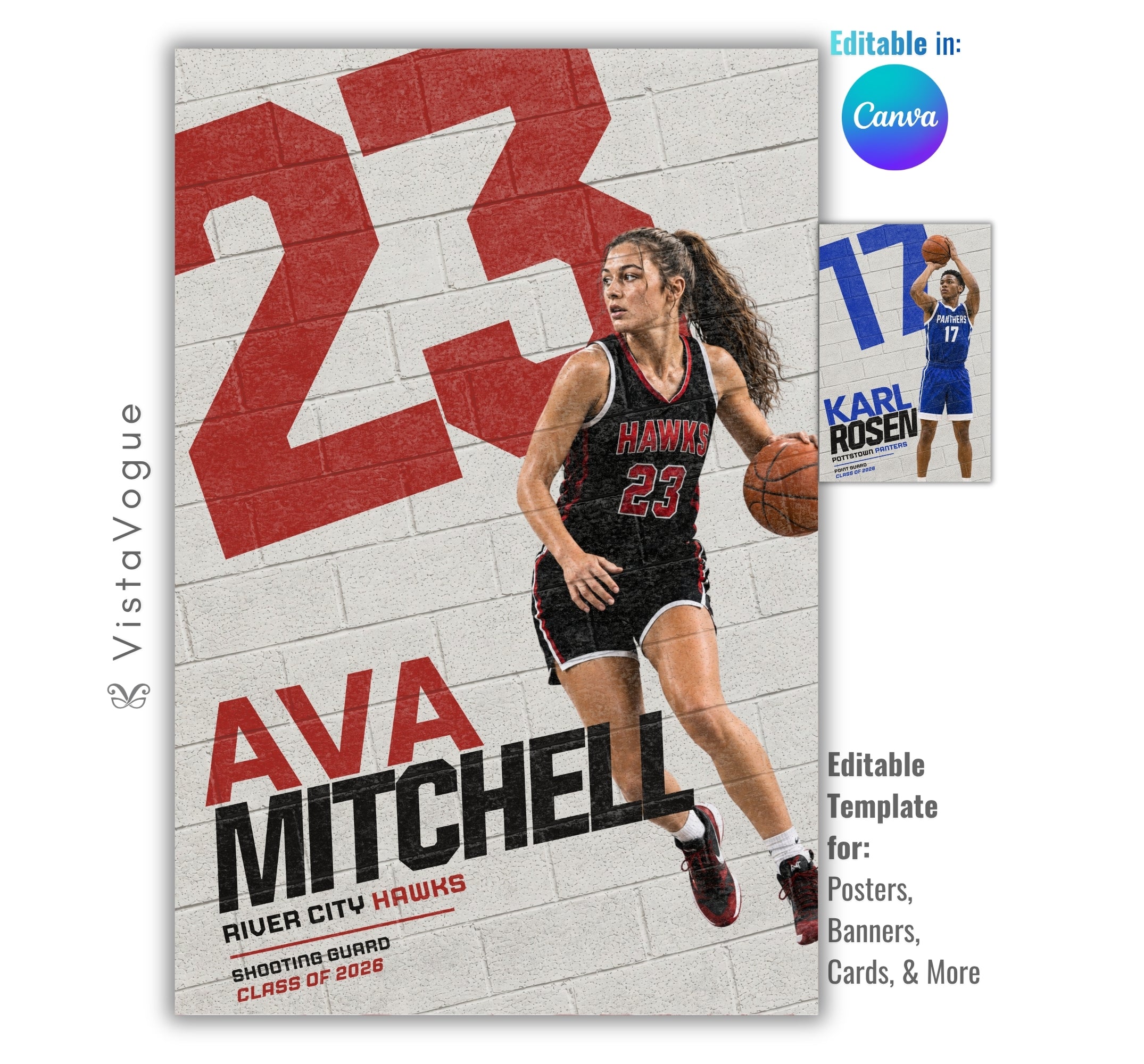 Editable basketball poster Canva template featuring a painted brick wall mural effect, oversized jersey number, customizable athlete photos, and a 2:3 vertical layout for senior night displays and memory mates.