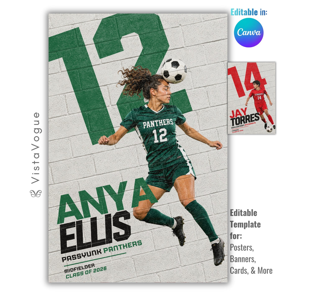 Editable soccer poster Canva template featuring a painted brick wall mural effect, oversized jersey number, customizable athlete photos, and a 2:3 vertical layout for senior night displays and memory mates.
