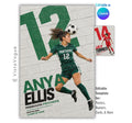 Editable soccer poster Canva template featuring a painted brick wall mural effect, oversized jersey number, customizable athlete photos, and a 2:3 vertical layout for senior night displays and memory mates.