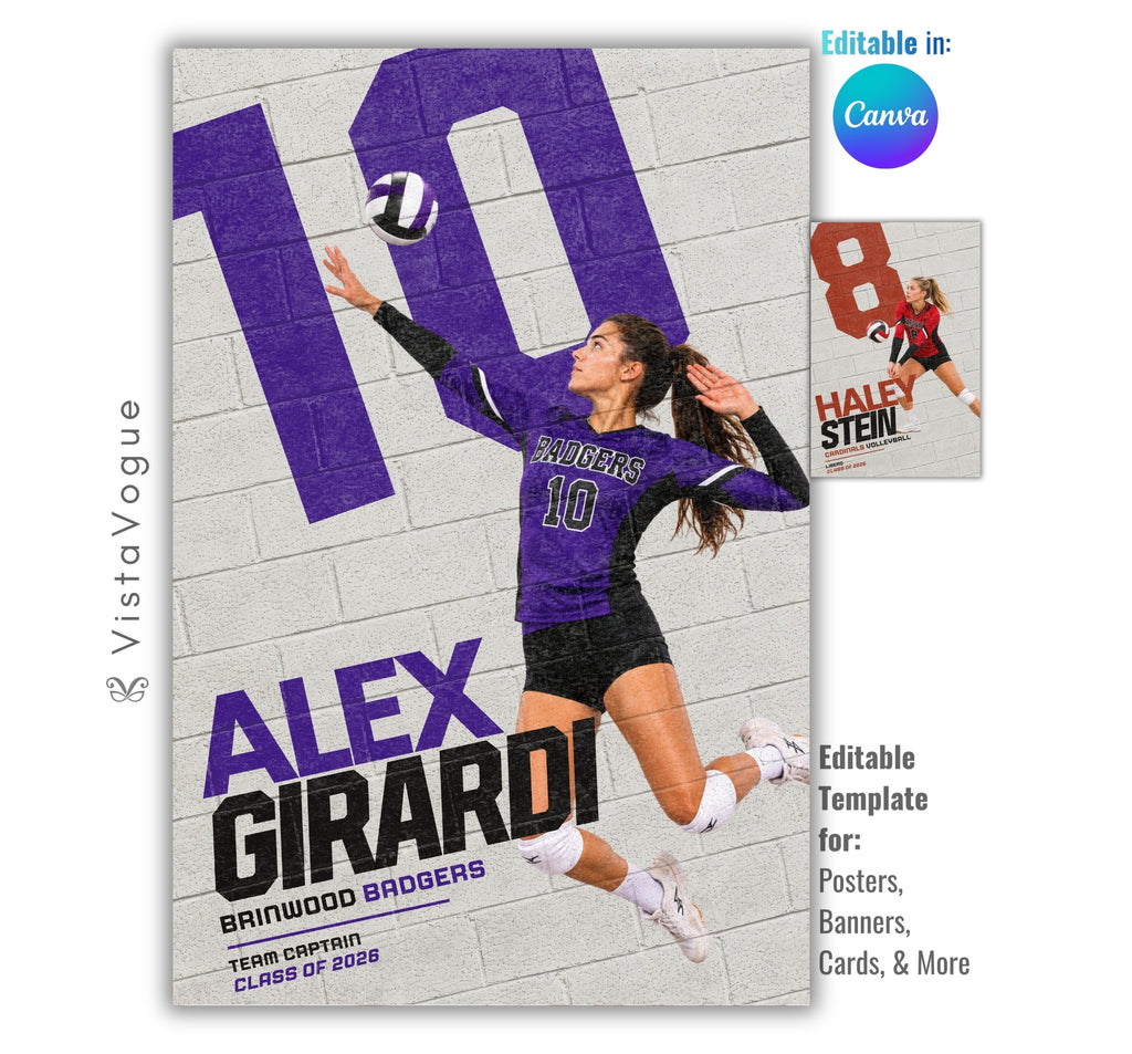 Editable volleyball poster Canva template featuring a painted brick wall mural effect, oversized jersey number, customizable athlete photos, and a 2:3 vertical layout for senior night displays and memory mates.