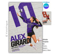 Editable volleyball poster Canva template featuring a painted brick wall mural effect, oversized jersey number, customizable athlete photos, and a 2:3 vertical layout for senior night displays and memory mates.