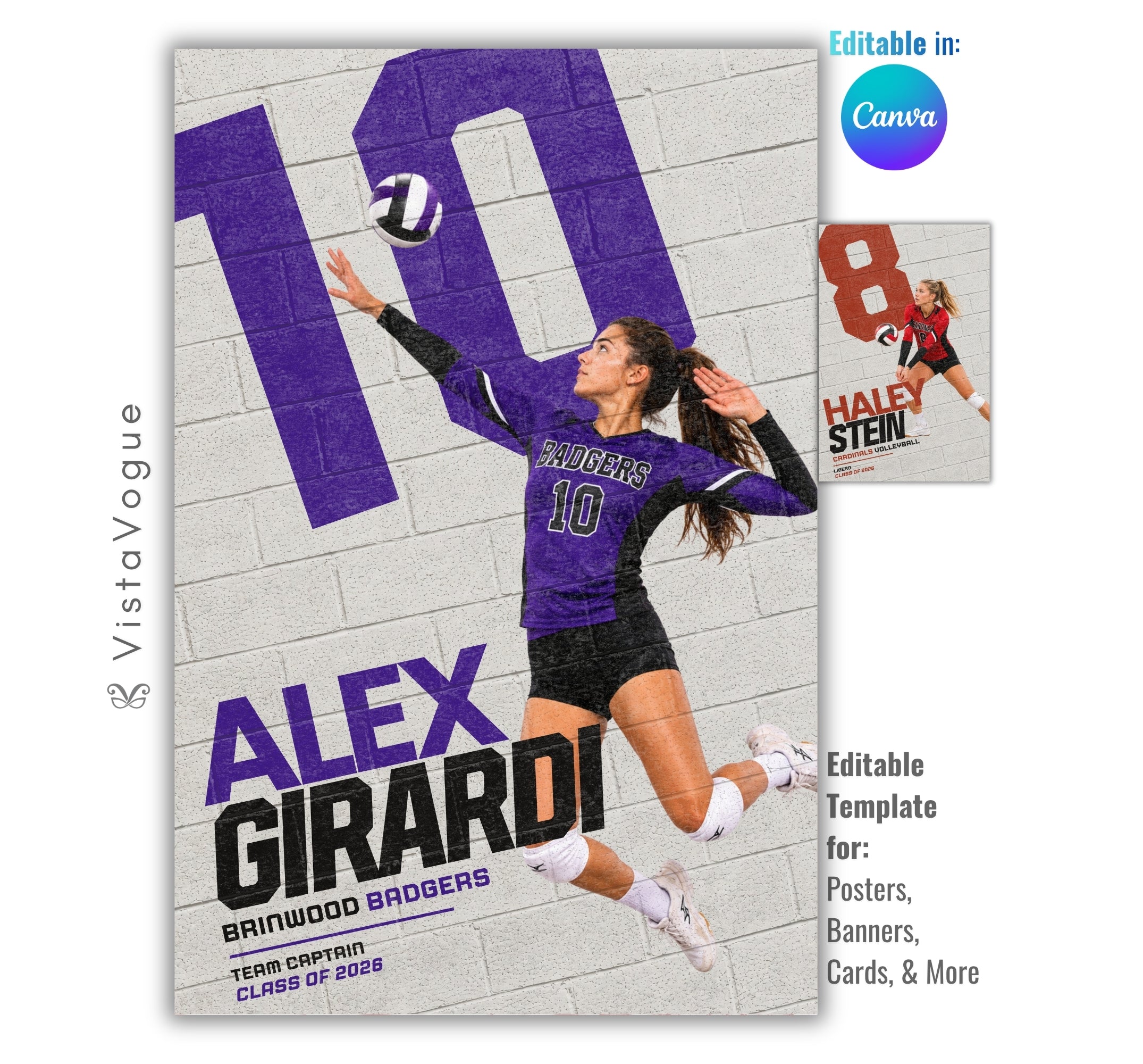 Editable volleyball poster Canva template featuring a painted brick wall mural effect, oversized jersey number, customizable athlete photos, and a 2:3 vertical layout for senior night displays and memory mates.