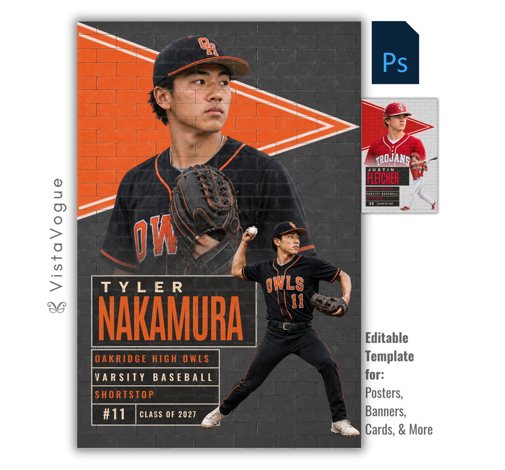 Editable baseball poster Photoshop template featuring a pennant wall design with realistic brick texture, layered athlete photos, and fully customizable player information in a 2:3 layout.