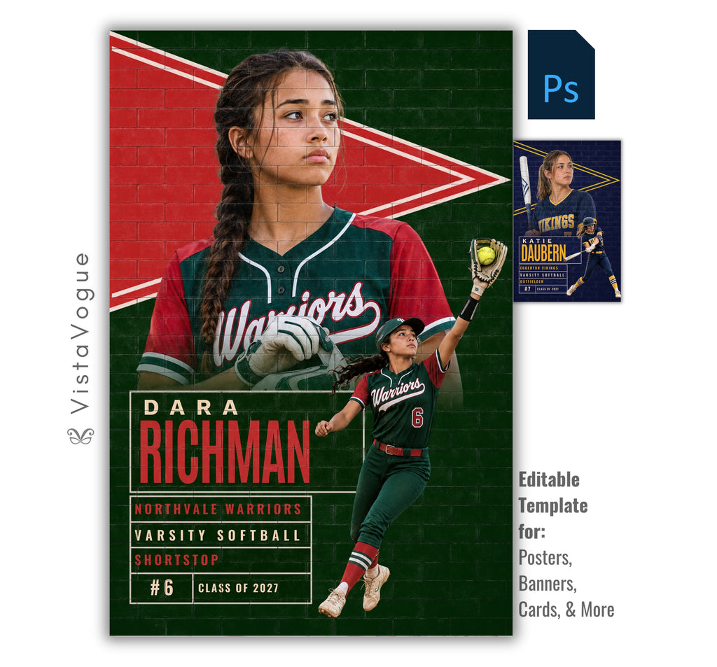 Editable softball poster Photoshop template featuring a pennant wall design with realistic brick texture, layered athlete photos, and fully customizable player information in a 2:3 layout.