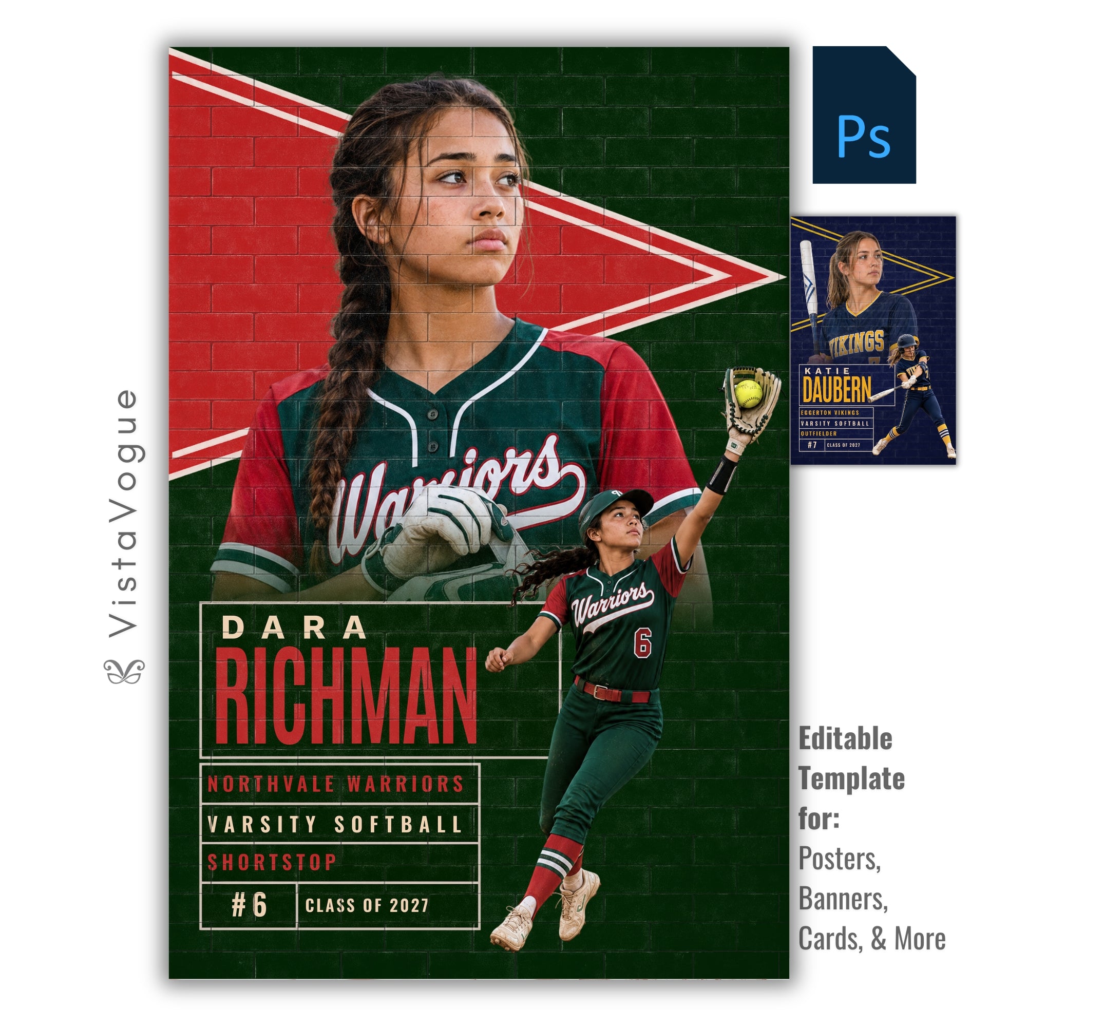 Editable softball poster Photoshop template featuring a pennant wall design with realistic brick texture, layered athlete photos, and fully customizable player information in a 2:3 layout.