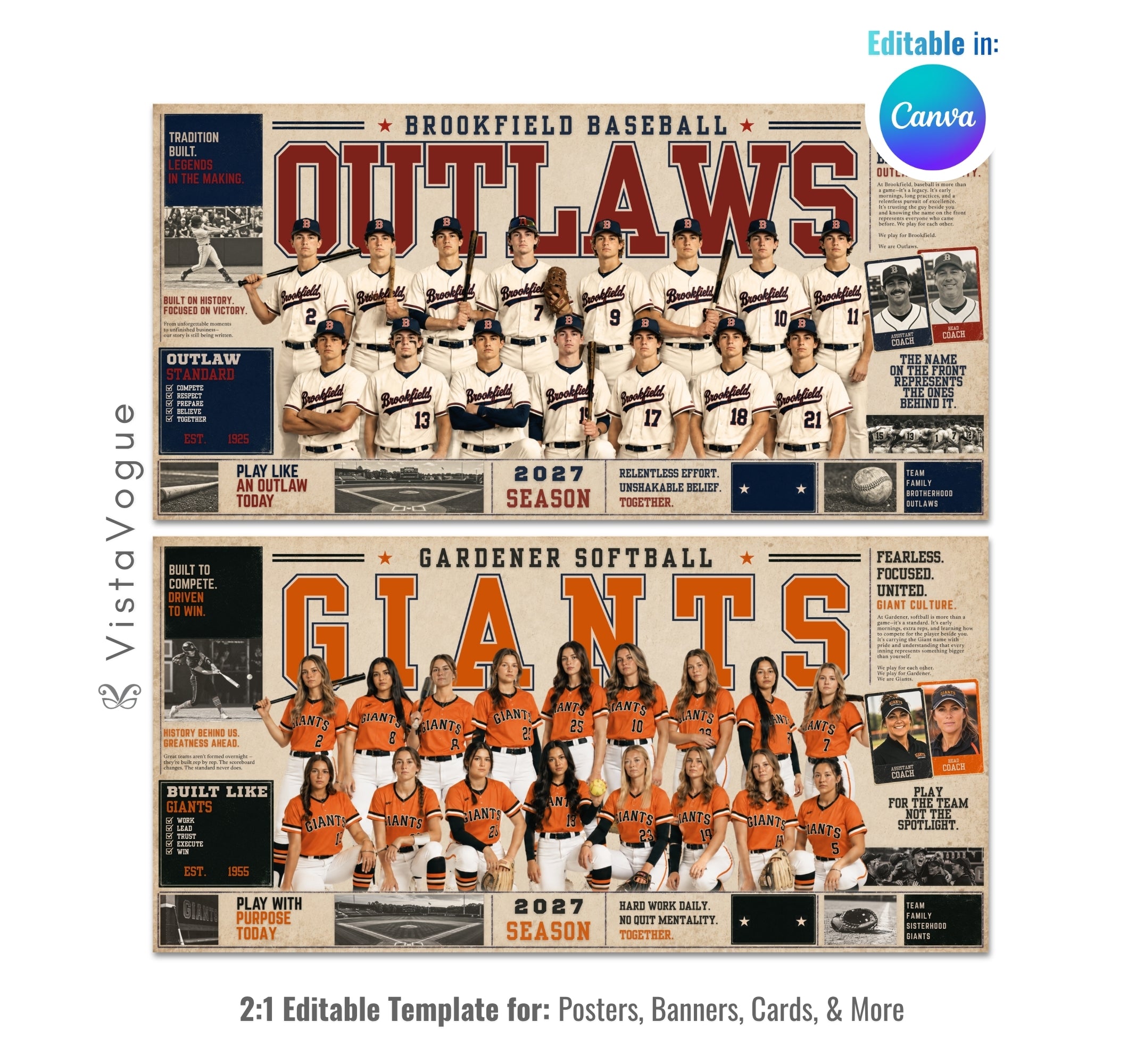 Editable baseball and softball team banner template with vintage sports design shown in Canva mockup