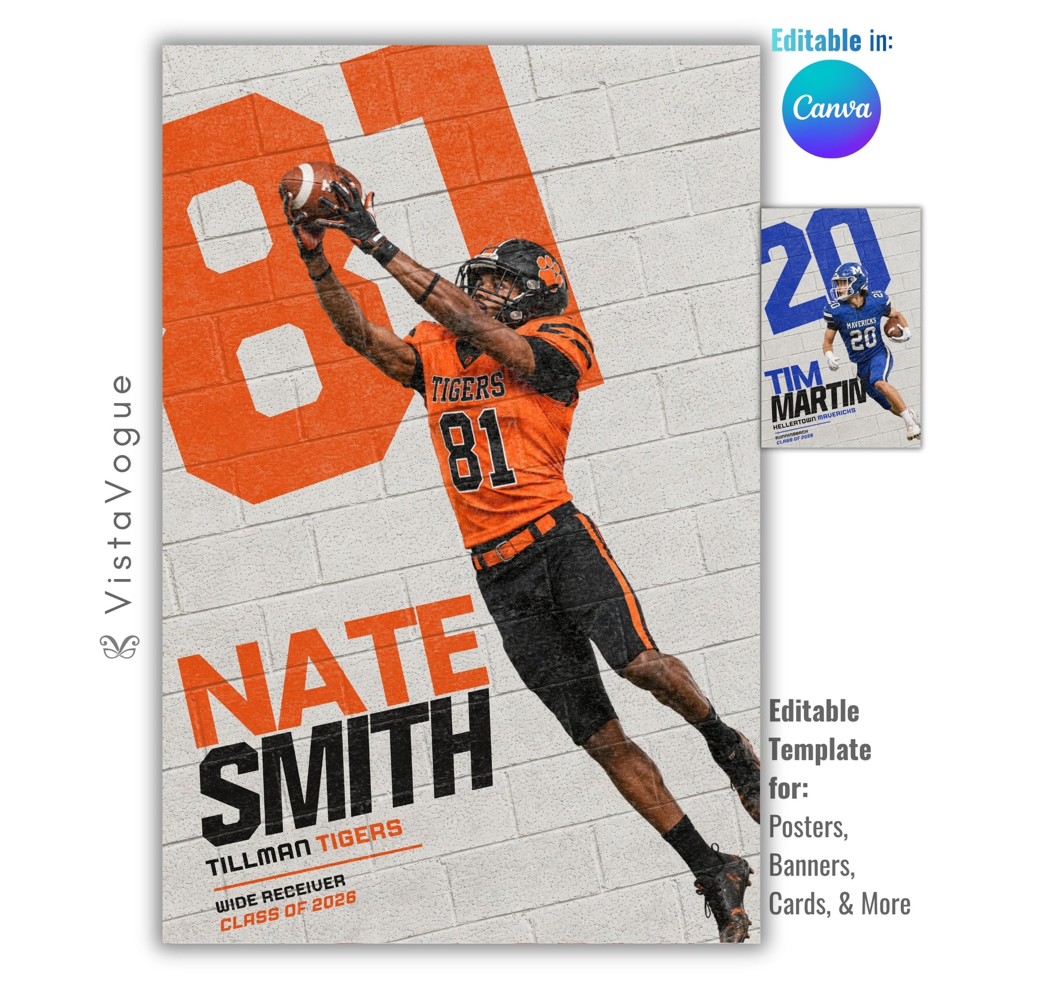 Editable football poster Canva template featuring a painted brick wall mural effect, oversized jersey number, customizable athlete photos, and a 2:3 vertical layout for senior night displays and memory mates.