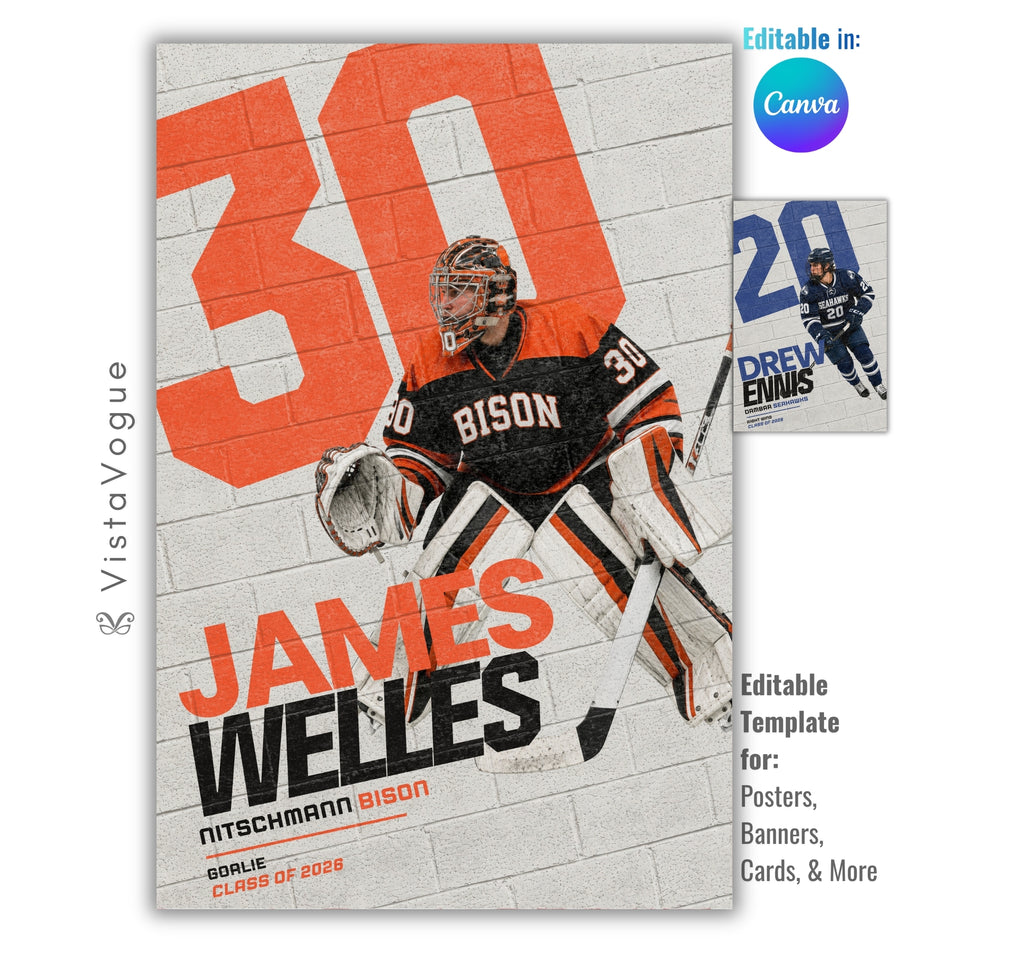Editable hockey poster Canva template featuring a painted brick wall mural effect, oversized jersey number, customizable athlete photos, and a 2:3 vertical layout for senior night displays and memory mates.