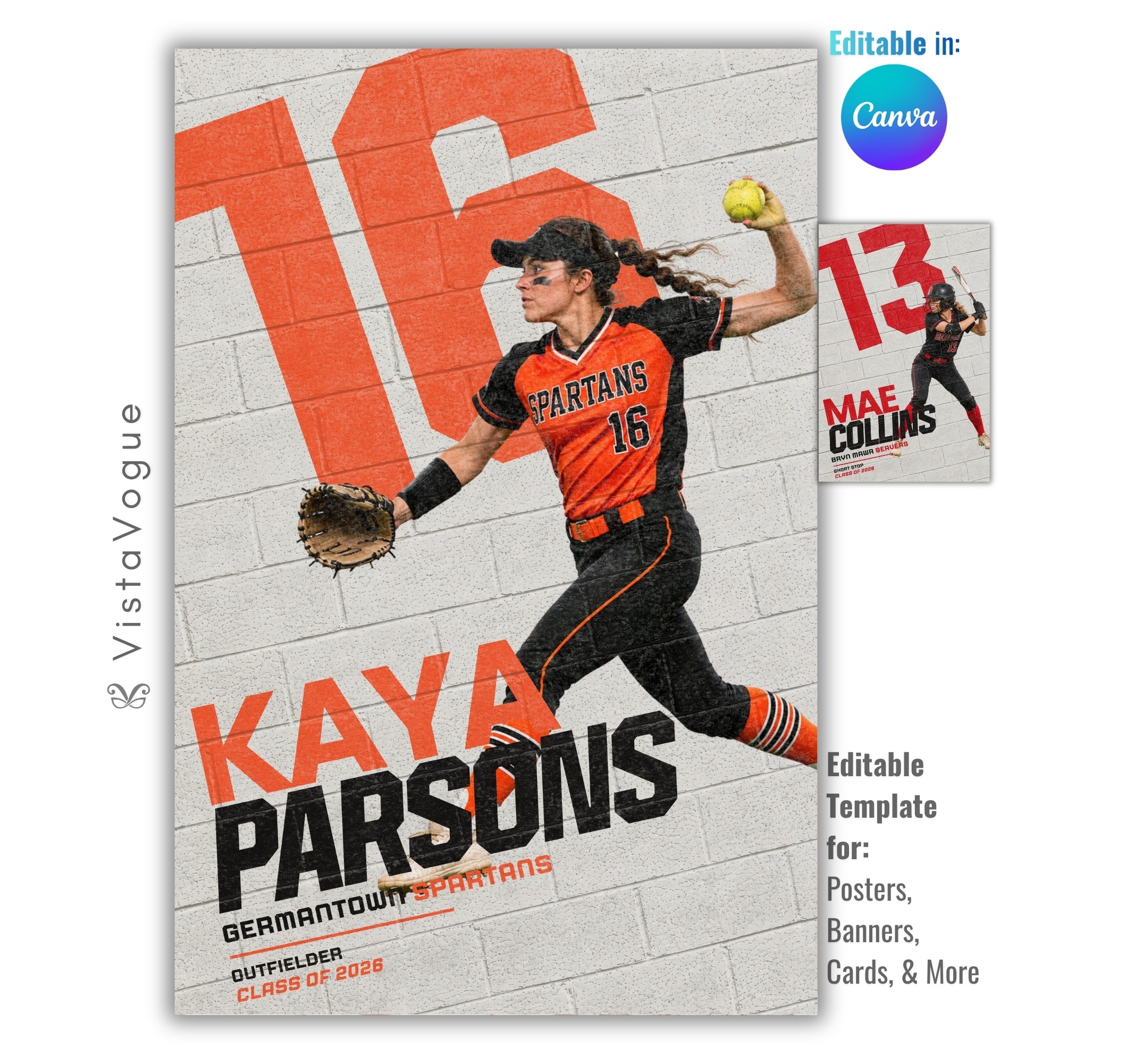 Editable softball poster Canva template featuring a painted brick wall mural effect, oversized jersey number, customizable athlete photos, and a 2:3 vertical layout for senior night displays and memory mates.