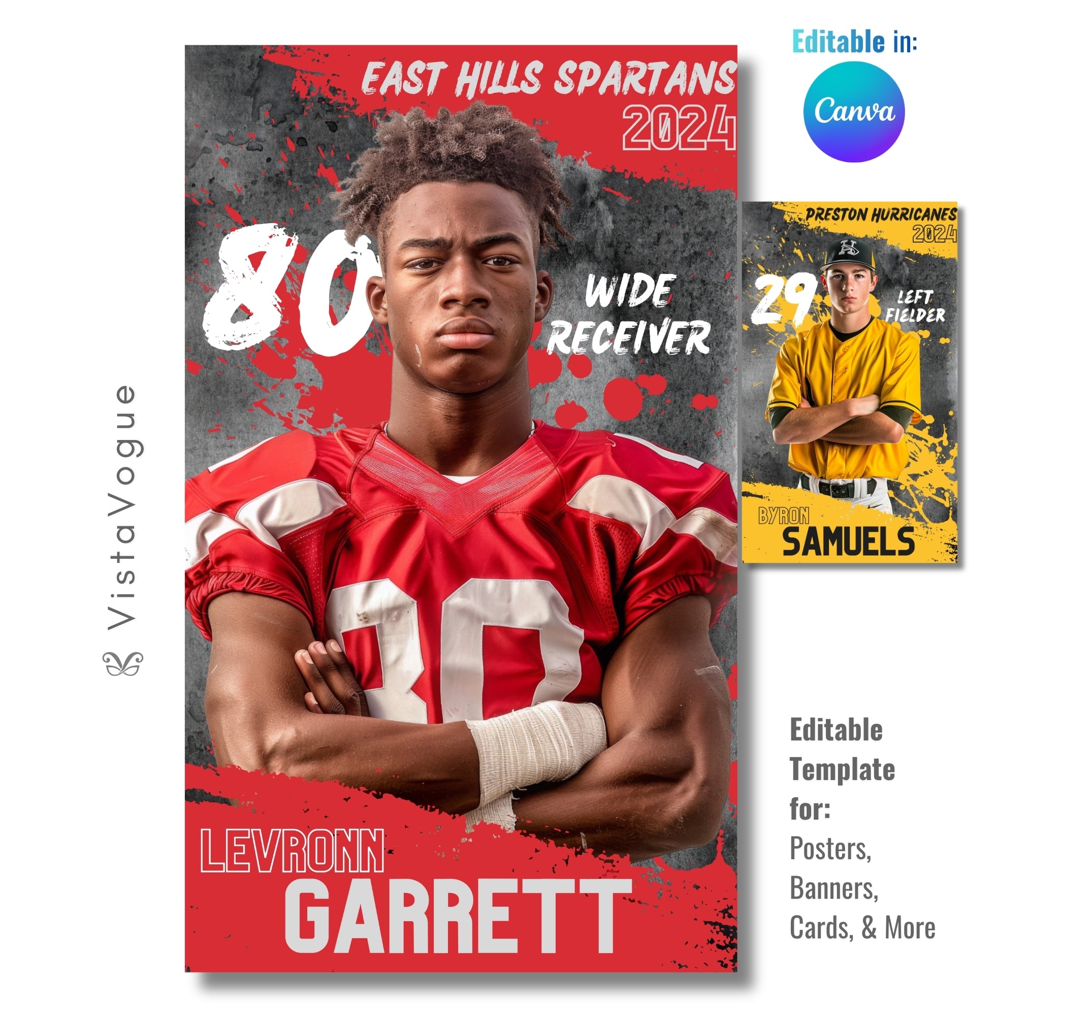 Universal sports player banner template editable in Canva with grunge splatter graphics, textured sports background, and bold senior night poster layout