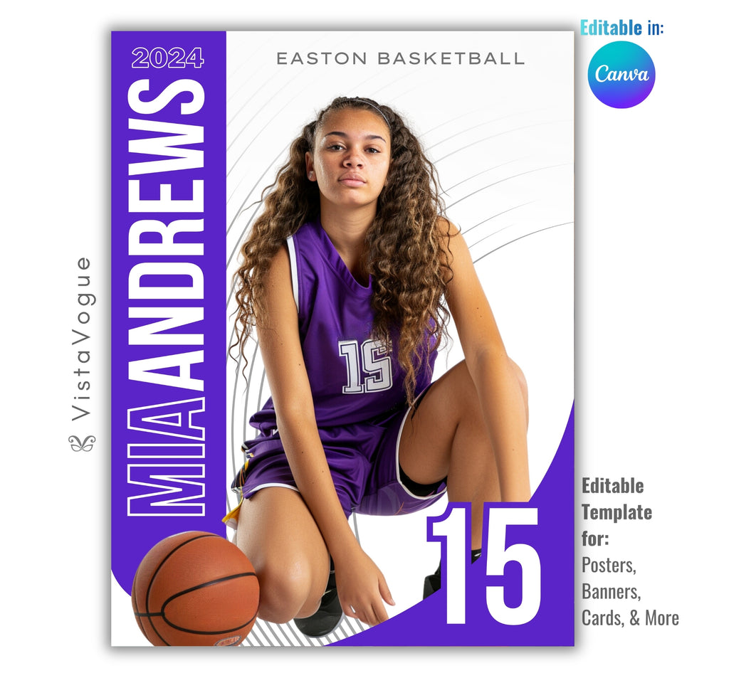 All sports senior night poster template editable in Canva with minimal curved graphics, clean modern layout, and customizable athlete banner design for sports posters and player cards