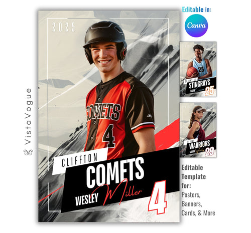 Universal sports poster template editable in Canva with brush texture background and angled nameplate design