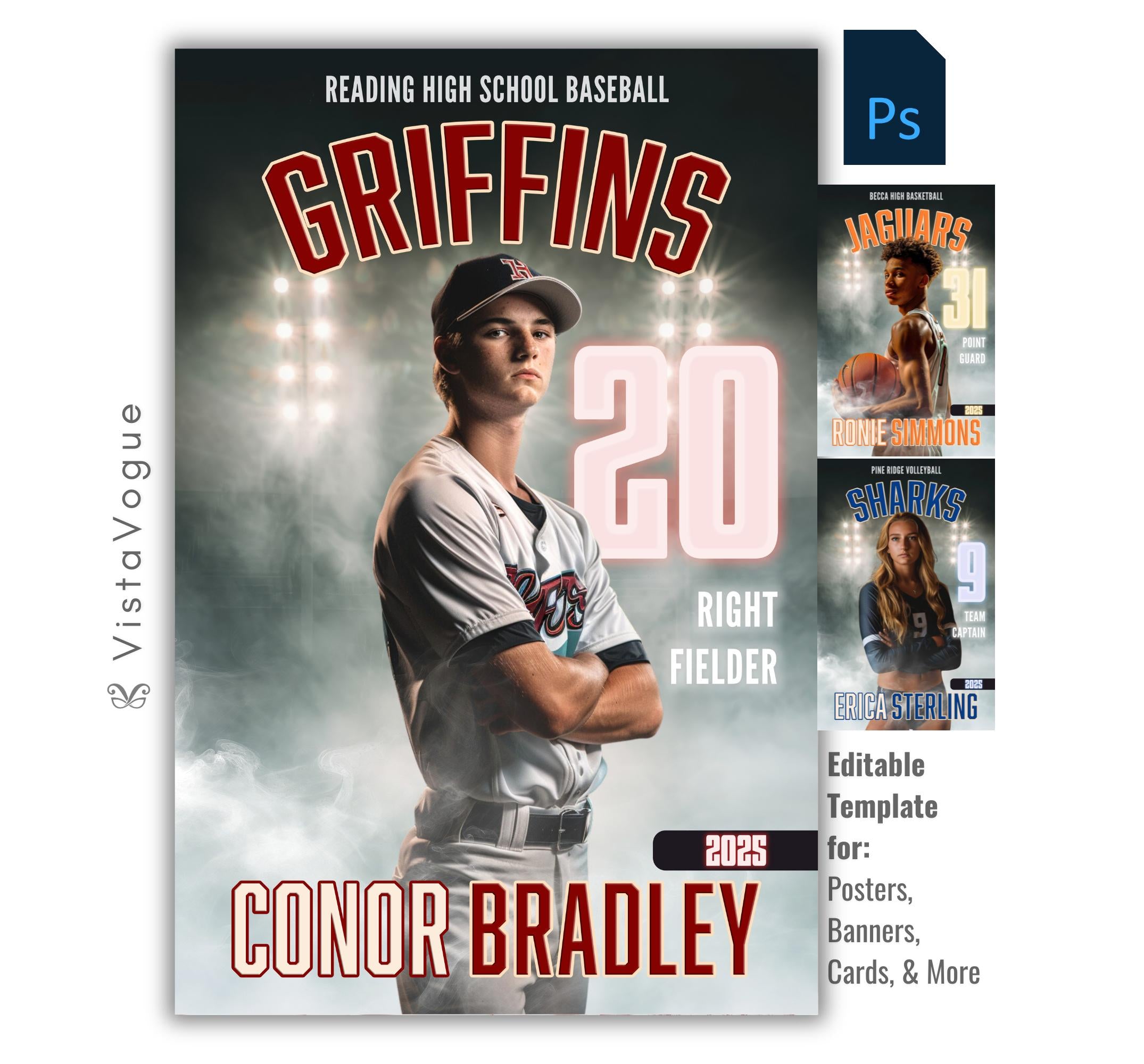 Sports poster template editable in Photoshop with stadium lights backdrop and smoky baseball atmosphere