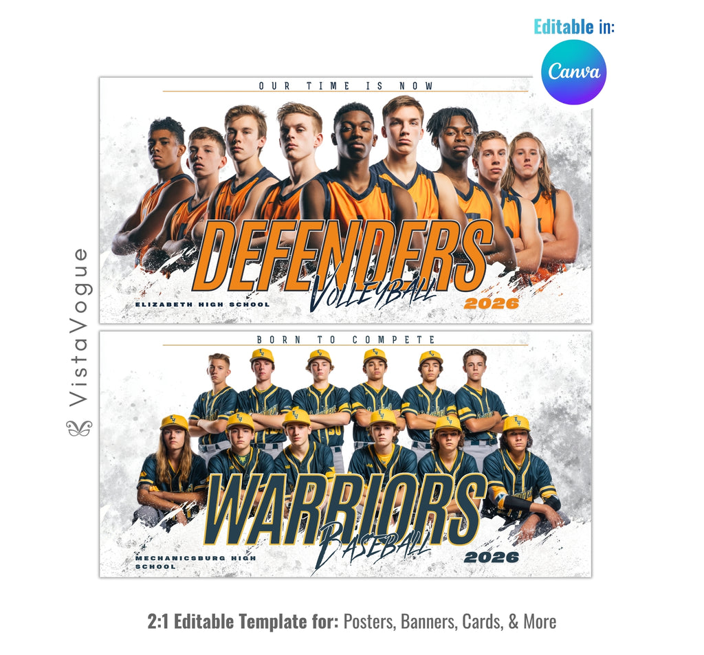 All sports team banner template editable in Canva with grunge textured background, bold team typography, and senior night sports poster layout