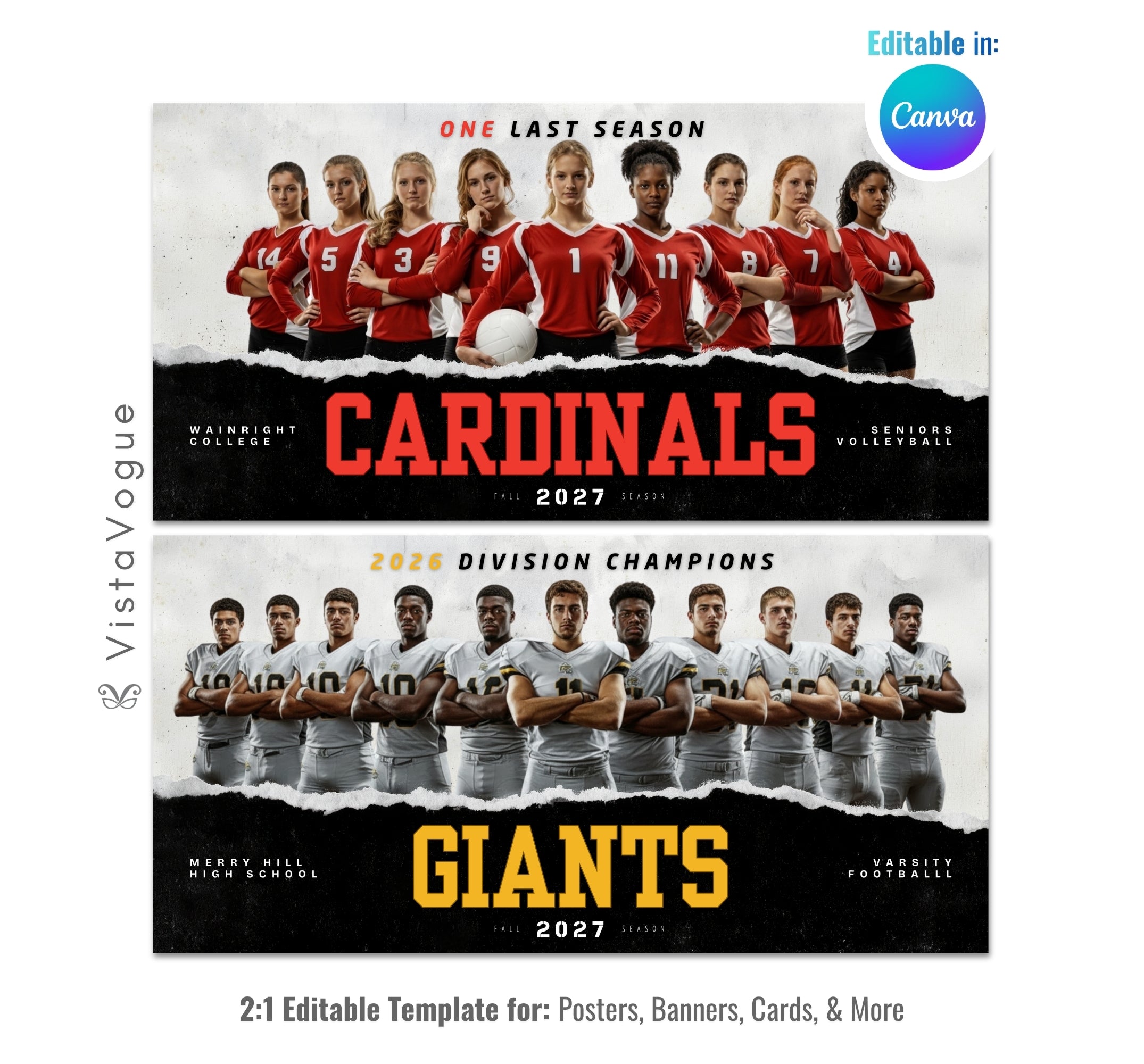 All-sports team banner template editable in Canva with torn paper effect, bold team text, and customizable senior night sports poster layout