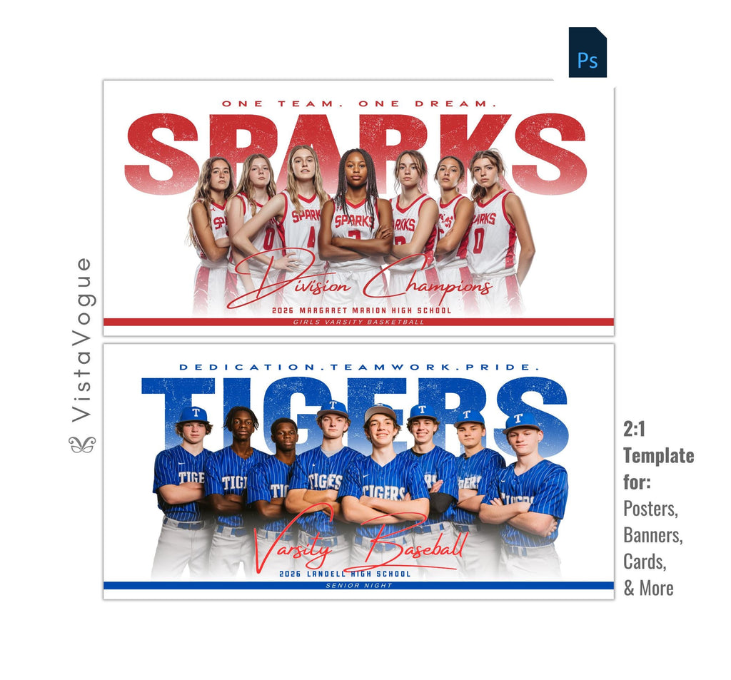 All-sports team banner template for Photoshop with clean white layout, bold oversized typography, and customizable senior night team poster design