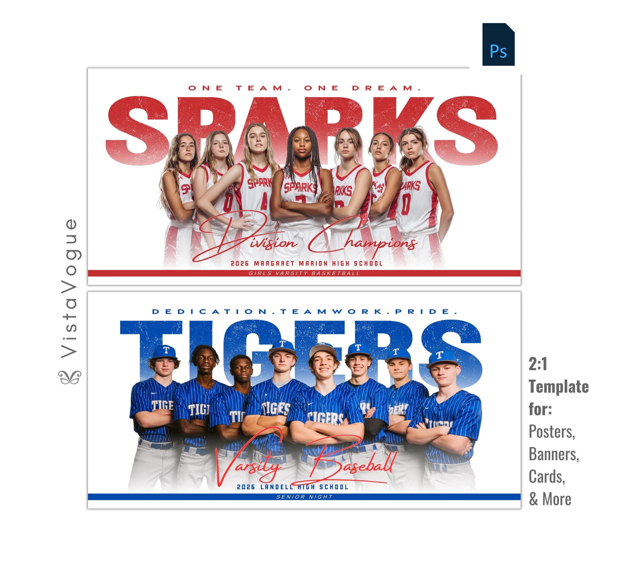 All-sports team banner template for Photoshop with clean white layout, bold oversized typography, and customizable senior night team poster design