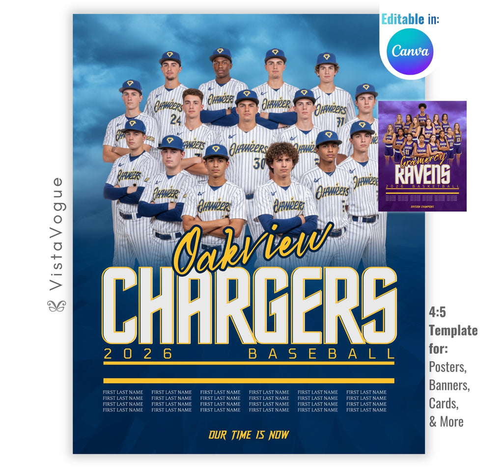 Sports team banner and team poster template editable in Canva with a stormy blue sky backdrop behind a full group team photo and player name roster below