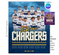Sports team banner and team poster template editable in Canva with a stormy blue sky backdrop behind a full group team photo and player name roster below