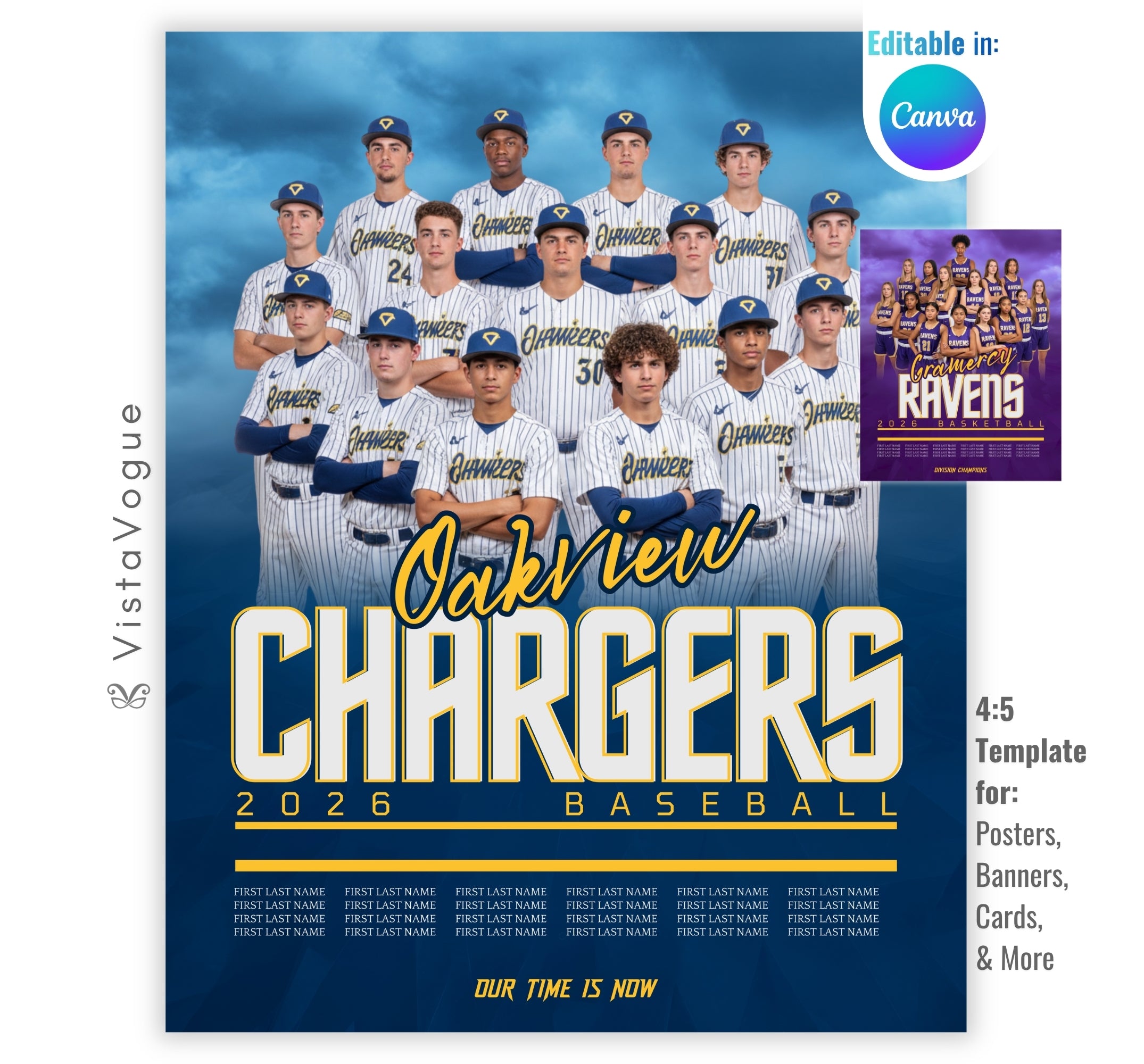 Sports team banner and team poster template editable in Canva with a stormy blue sky backdrop behind a full group team photo and player name roster below