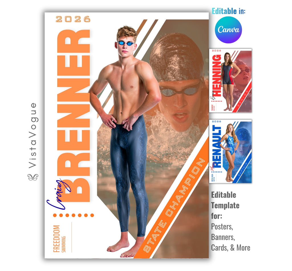 Swimming trading card and poster template editable in Canva with dual athlete photo layout and diagonal geometric overlay design