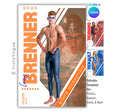 Swimming trading card and poster template editable in Canva with dual athlete photo layout and diagonal geometric overlay design