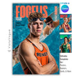 Swimming senior night poster and memory mate template editable in Canva with dual photo layout split by a diagonal slash over a bright aqua pool water backdrop