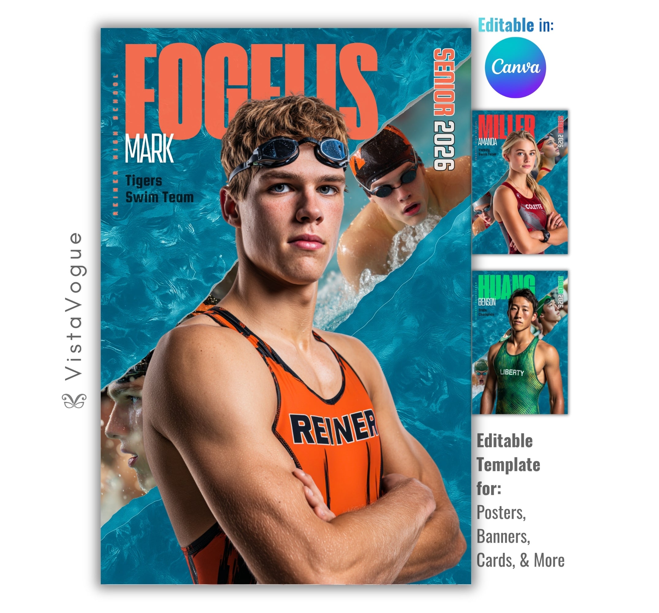 Swimming senior night poster and memory mate template editable in Canva with dual photo layout split by a diagonal slash over a bright aqua pool water backdrop