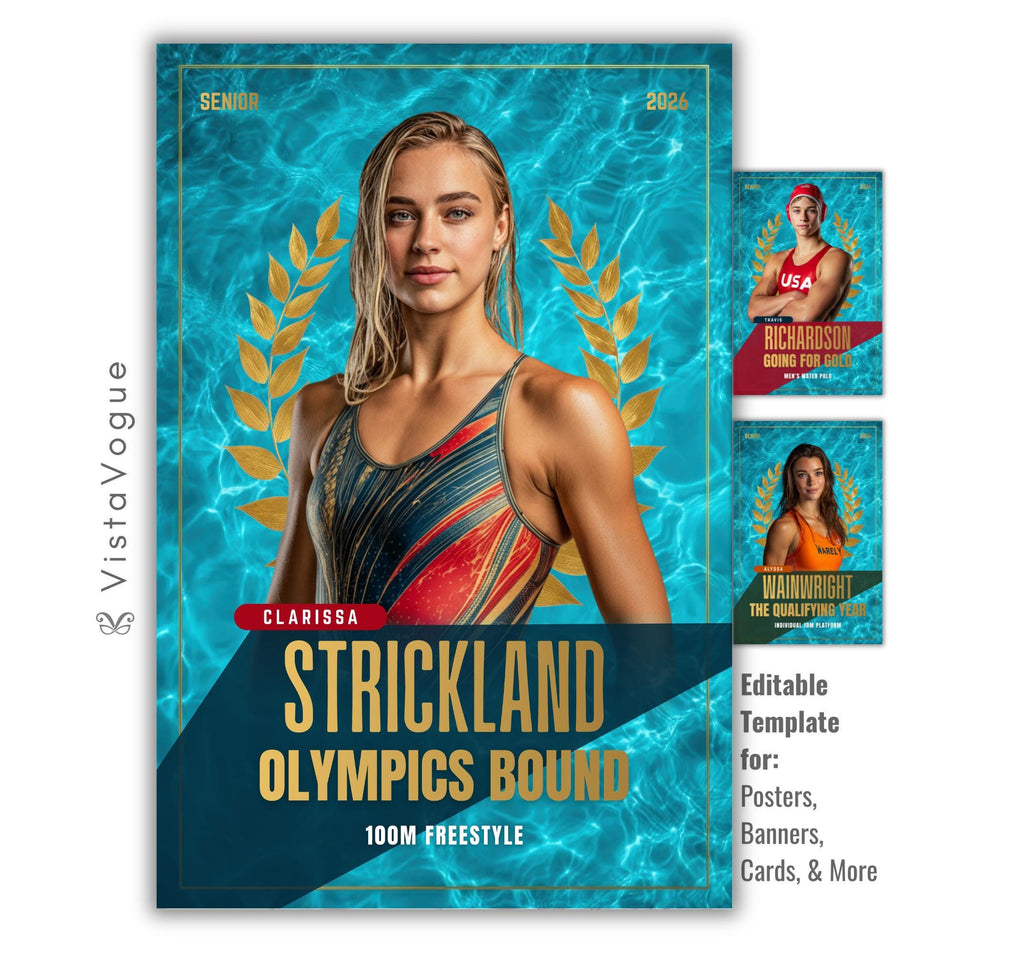 Swimming senior night poster and player banner template editable in Canva with shimmering aqua pool water backdrop and gold laurel wreath framing the athlete