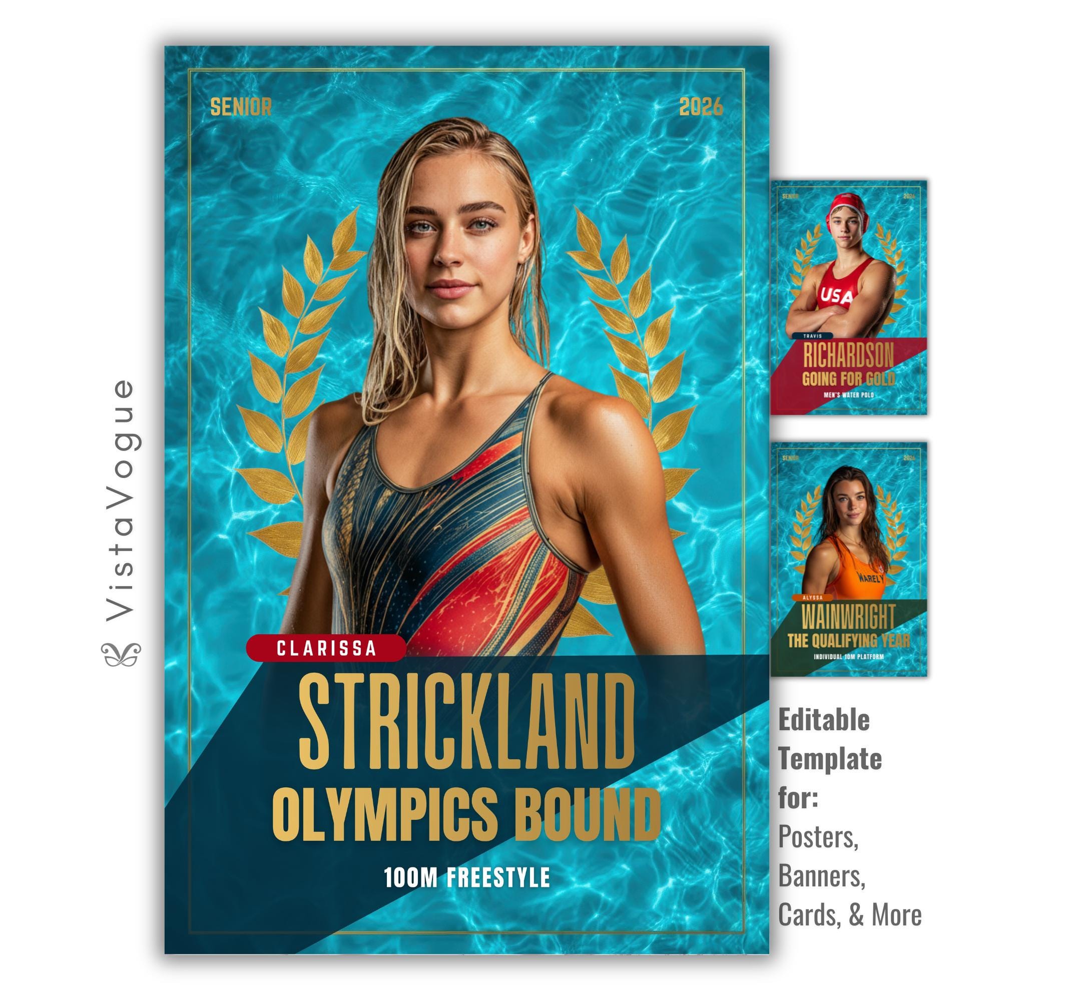 Swimming senior night poster and player banner template editable in Canva with shimmering aqua pool water backdrop and gold laurel wreath framing the athlete