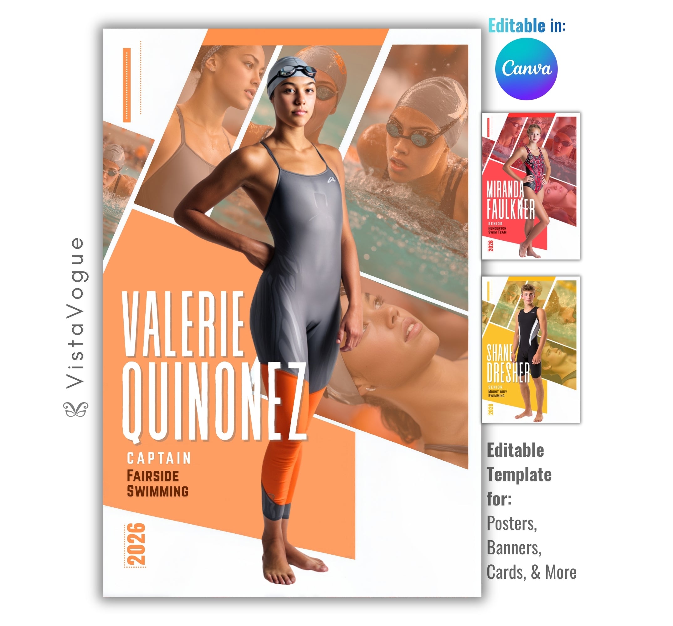 Swimming senior night poster template editable in Canva with angled photo collage layout, layered athlete portraits, and customizable sports banner design for swim team graphics
