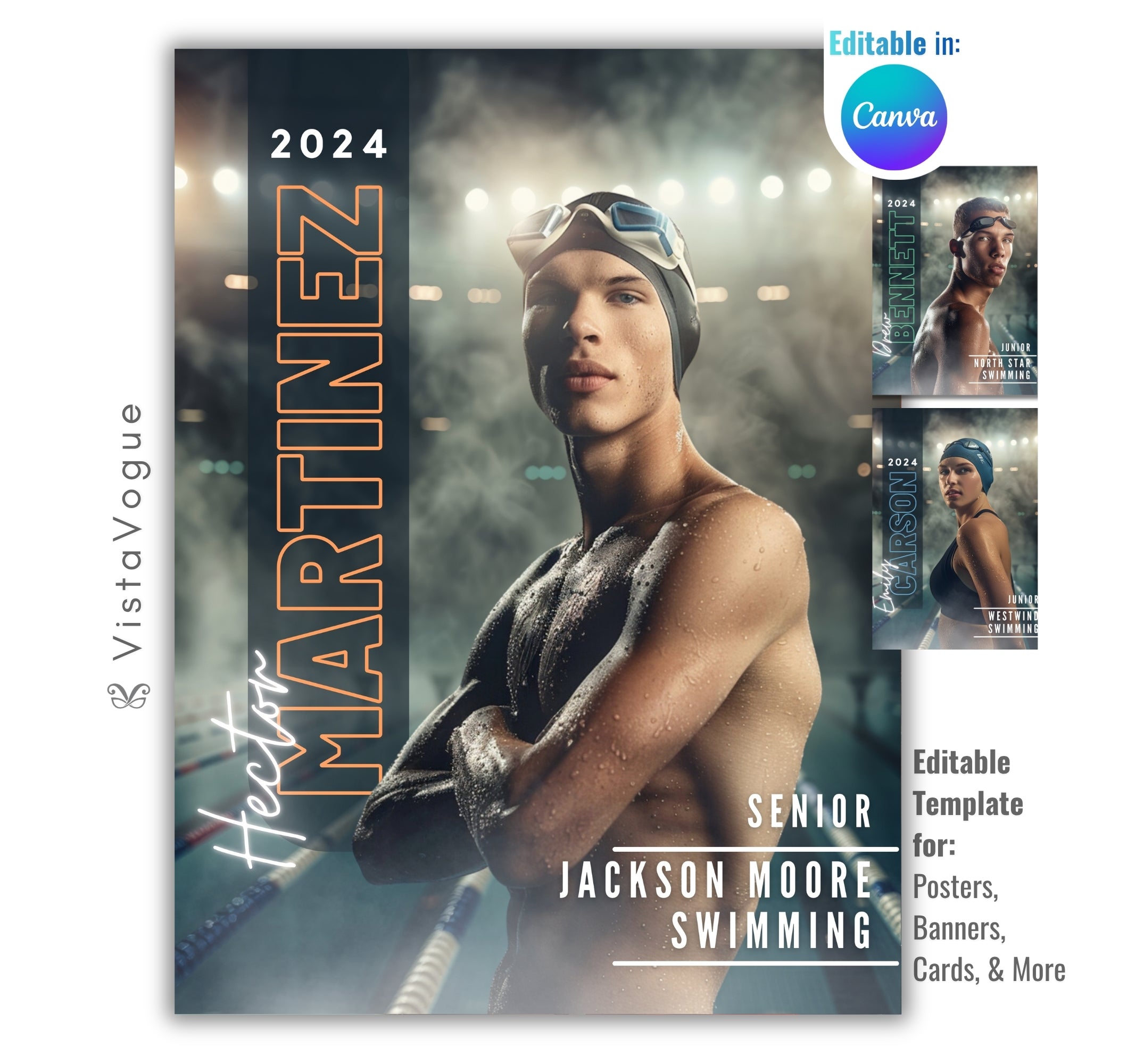 Swimming senior night poster template editable in Canva with stadium lights, smoky pool backdrop, and dramatic athlete banner layout for swim team graphics