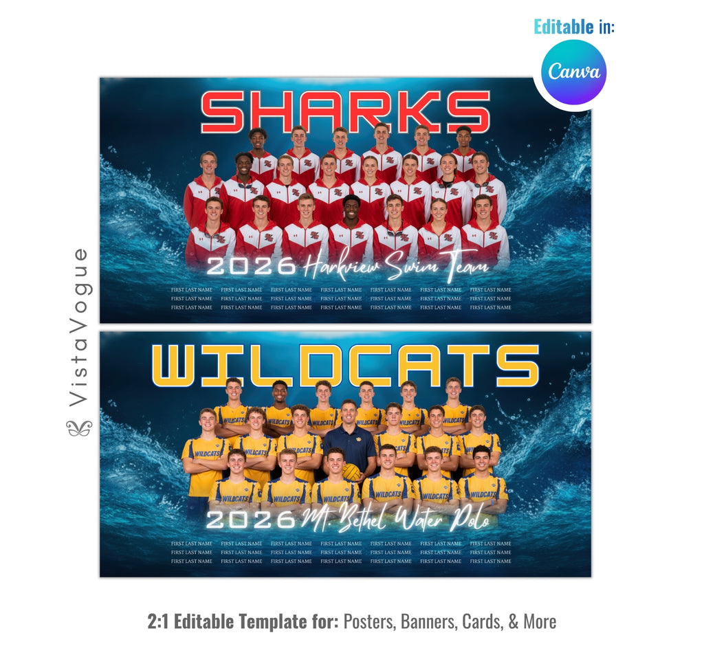 Swimming and water polo team banner template editable in Canva with crashing water splash backdrop and full team roster layout