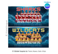 Swimming and water polo team banner template editable in Canva with crashing water splash backdrop and full team roster layout